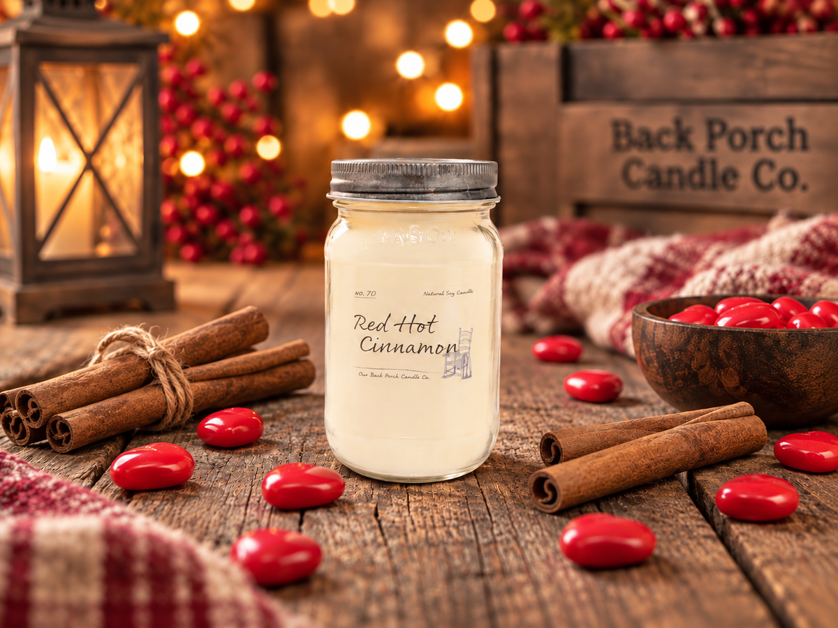 Back Porch Candle Co Red Hot Cinnamon 16 oz soy candle with cinnamon sticks and red cinnamon candies in a warm cozy setting.