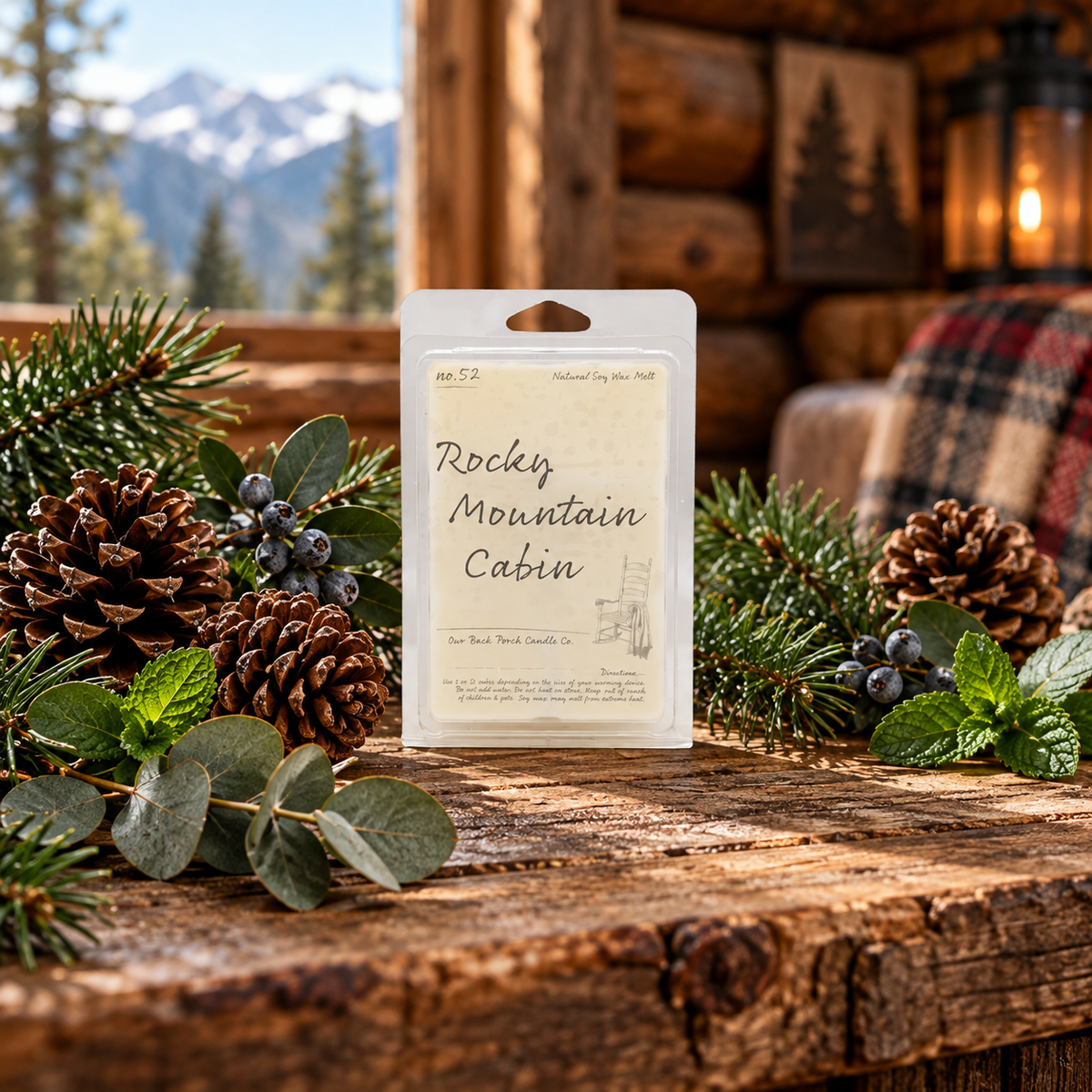 Back Porch Candle Co Rocky Mountain Cabin 6 oz soy wax melt with pine, eucalyptus, bayberry, mint, and a cozy mountain cabin setting.