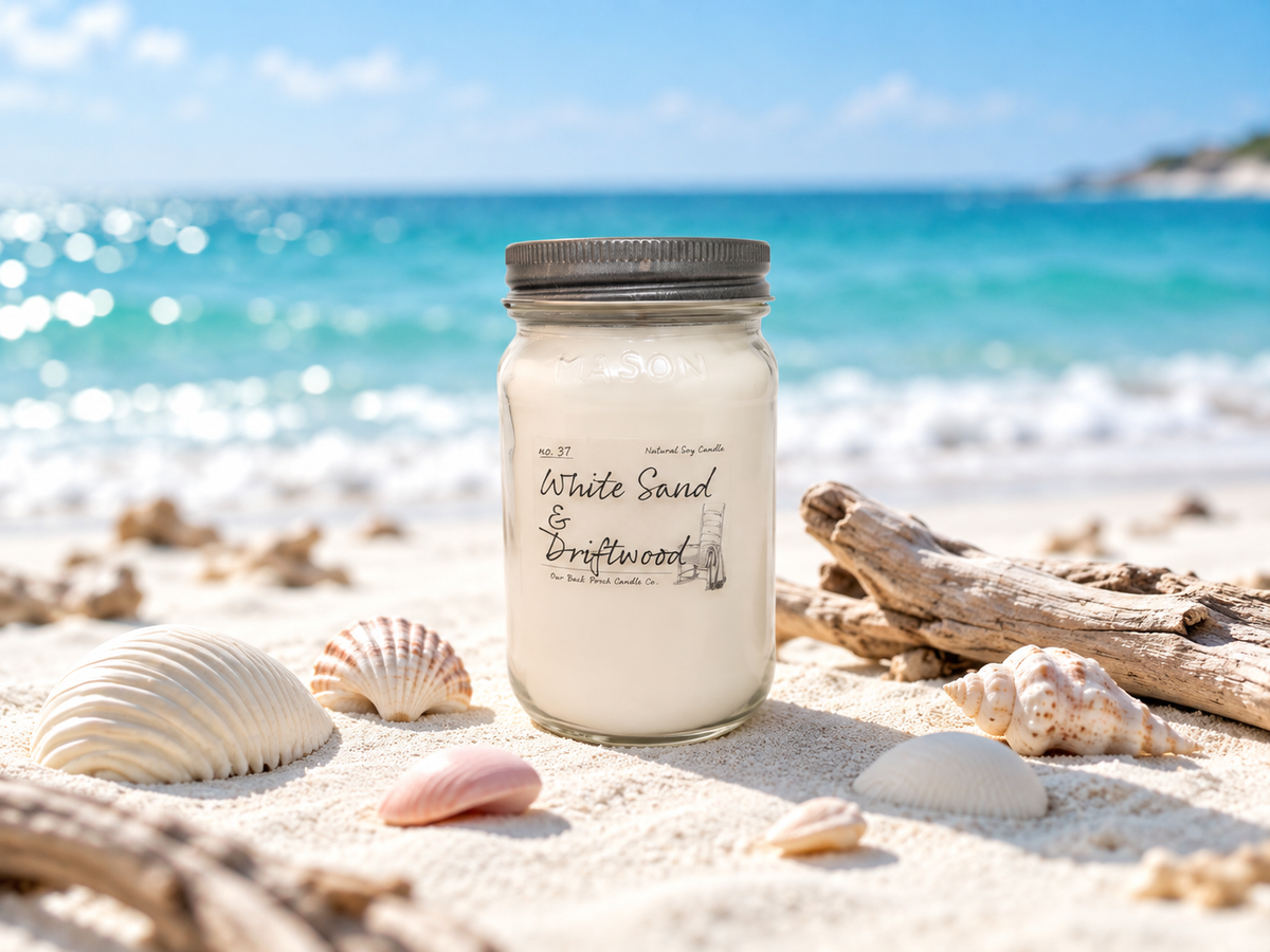 Back Porch Candle Co White Sand & Driftwood 16 oz soy candle on white sand with seashells and driftwood in a bright coastal setting.