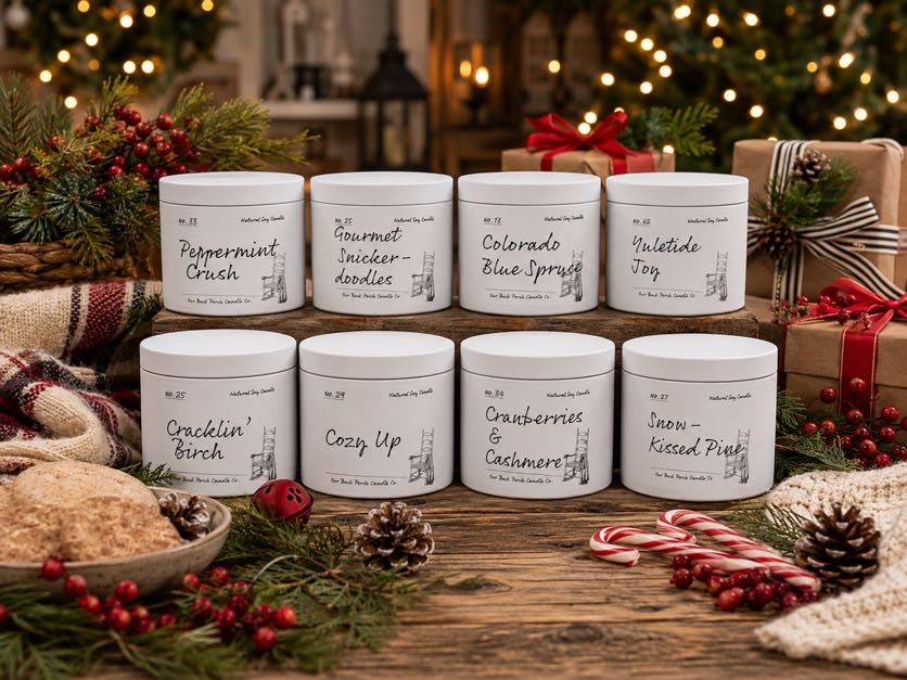 Holiday Party and Winter Wonderland bundle of eight 5 oz soy mini candles by Back Porch Candle Co.
