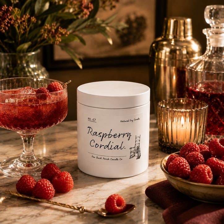 Raspberry Cordial 5 oz mini soy candle by Back Porch Candle Co.