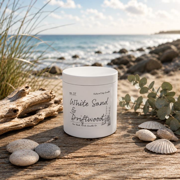 White Sand & Driftwood 5 oz mini soy candle by Back Porch Candle Co.