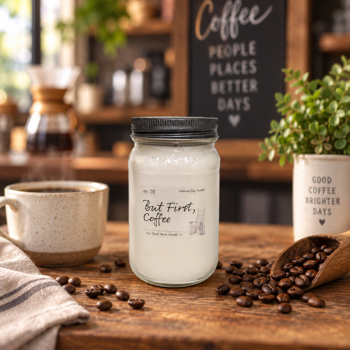 But First, Coffee 16 oz soy candle by Back Porch Candle Co. styled with coffee beans and a warm café setting.