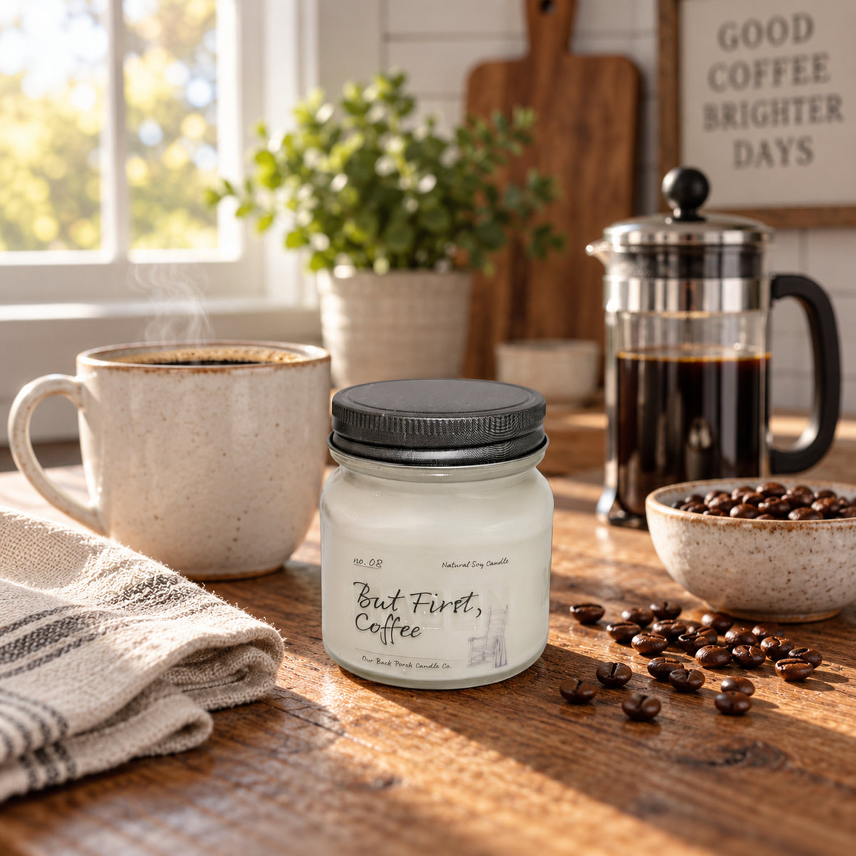 But First, Coffee 8 oz soy candle by Back Porch Candle Co. in a bright morning coffee setting.