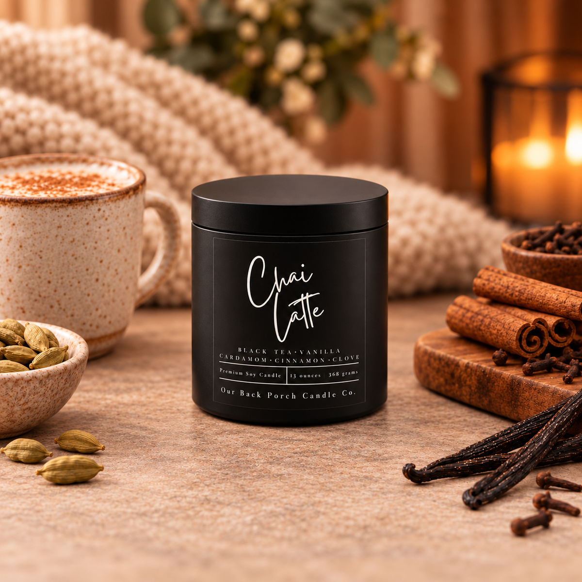 Chai Latte soy candle in a matte black 16oz tin by Back Porch Candle Co., styled with chai spices, cinnamon, cardamom and vanilla.