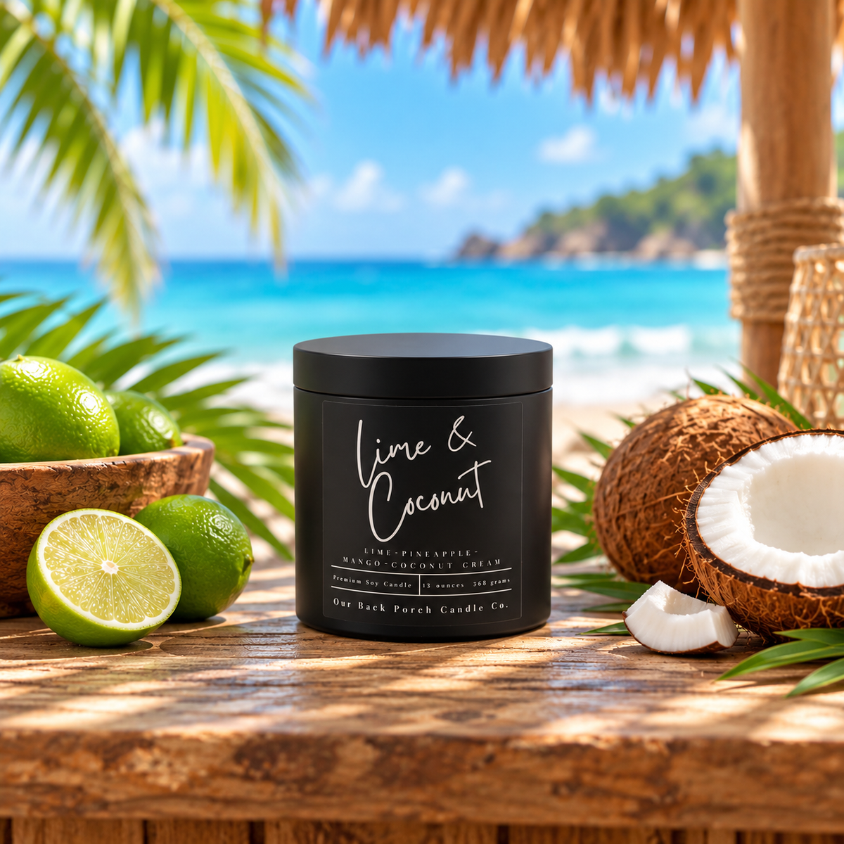 Lime & Coconut matte black 16oz soy candle by Back Porch Candle Co., the Black Tin option for Citrus-Kissed Coconut, shown with fresh limes and coconuts in a tropical seaside setting.