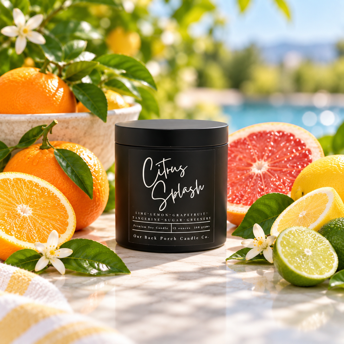 Citrus Splash matte black 16oz soy candle by Back Porch Candle Co., styled with fresh oranges, grapefruit, lemons, limes and citrus blossoms in a bright sunlit setting.