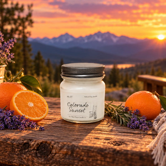 Colorado Sunset 8 oz soy candle by Back Porch Candle Co. in a golden Colorado sunset setting.