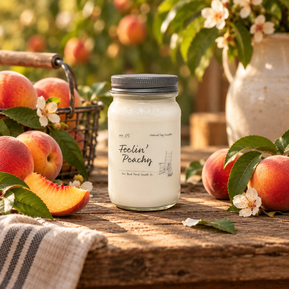 Feelin' Peachy 16 oz soy candle by Back Porch Candle Co. styled with ripe peaches, peach blossoms, and warm summer light.