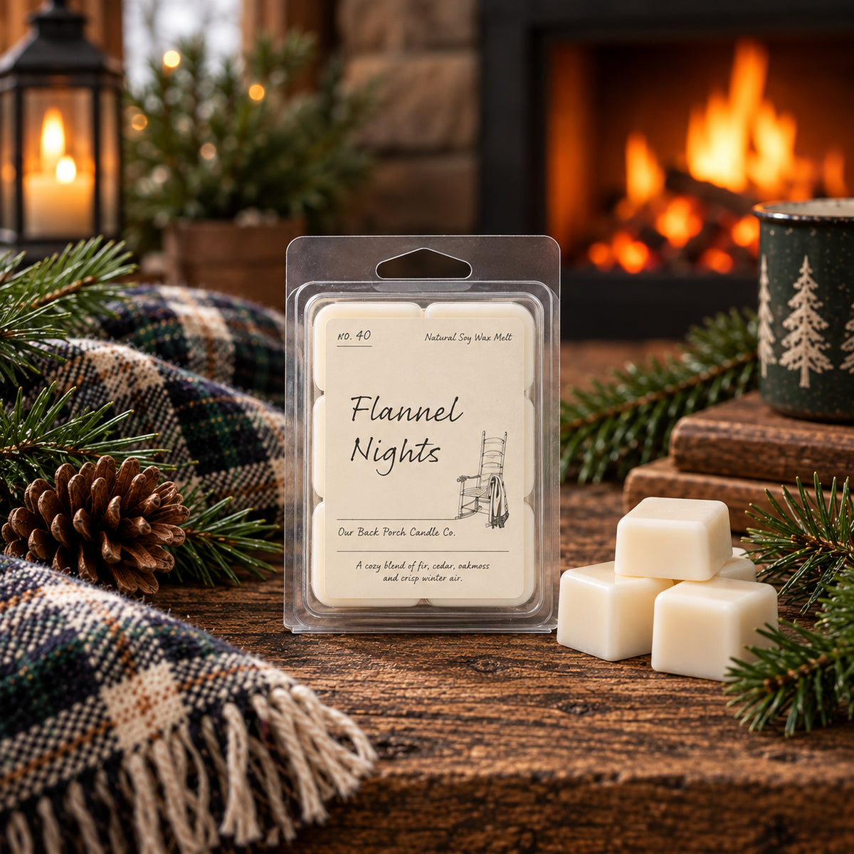 Flannel Nights soy wax melt by Back Porch Candle Co. styled with pine, plaid, and warm winter firelight.