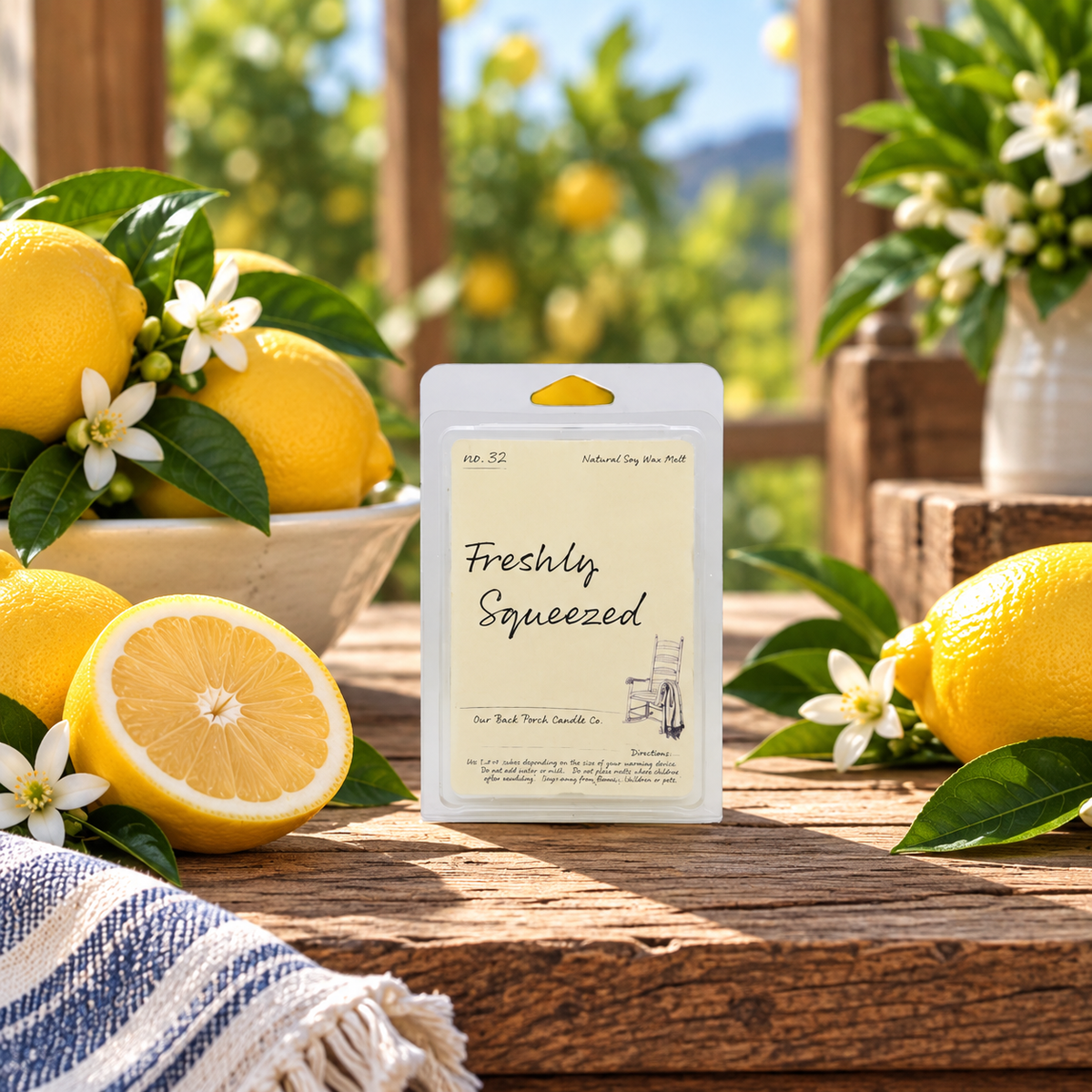 Freshly Squeezed soy wax melt by Back Porch Candle Co. styled with lemons, citrus blossoms, and warm porch light.