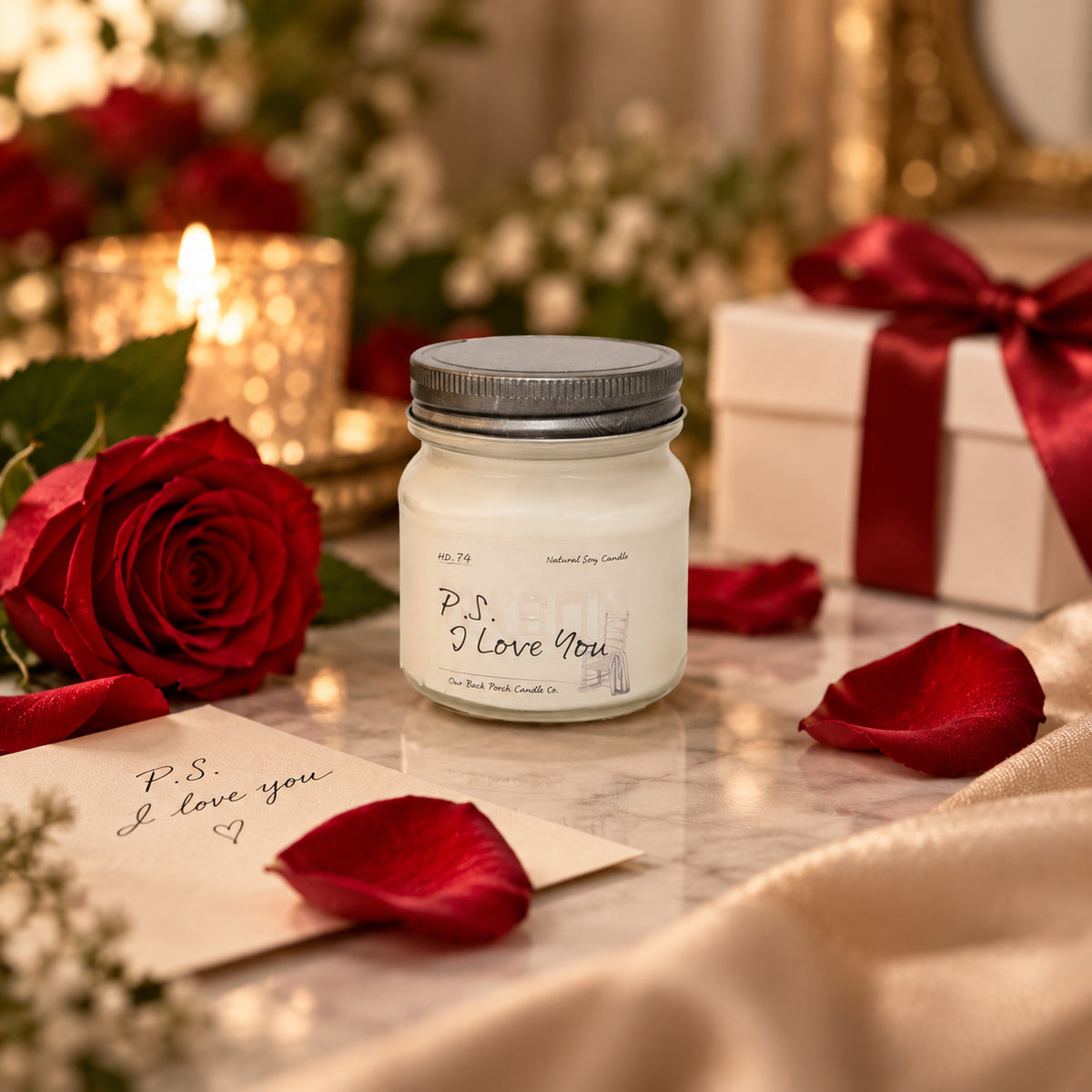 P.S. I Love You 8 oz soy candle by Back Porch Candle Co. styled with red roses, a handwritten love note, and warm romantic light.
