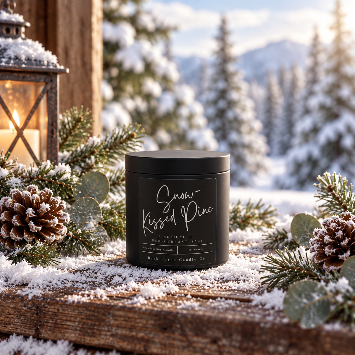 Snow-Kissed Pine matte black soy candle by Back Porch Candle Co. on a snowy wooden porch with pine branches, pinecones, winter forest, and glowing lantern.