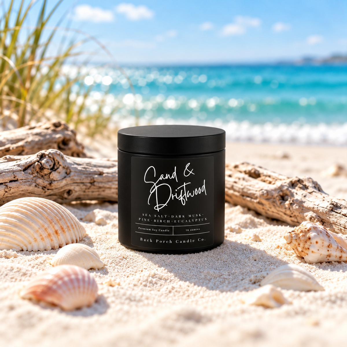 Sand & Driftwood matte black soy candle by Back Porch Candle Co. resting on a sandy beach beside seashells, driftwood and dune grass with turquoise ocean in the background.