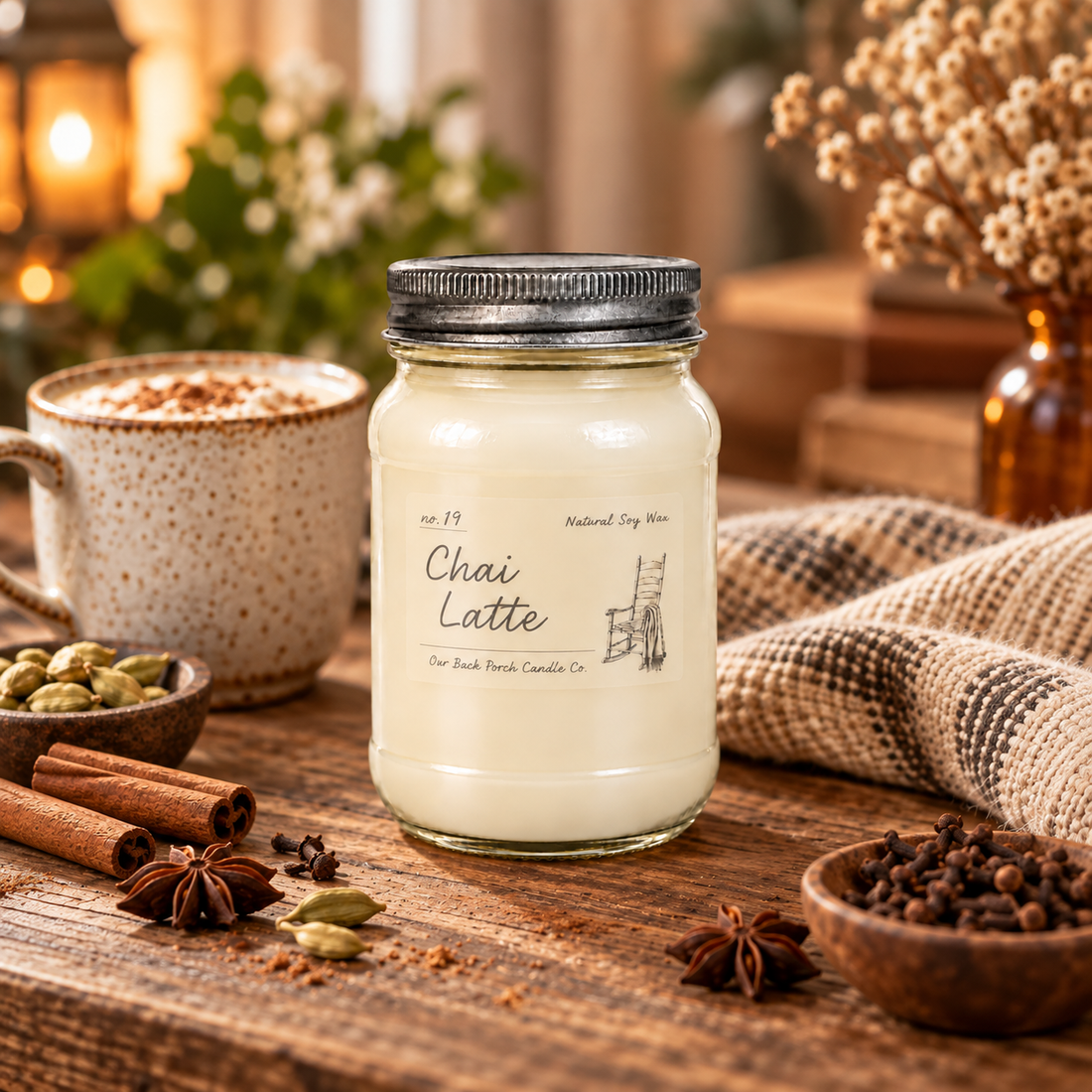Chai Latte 16 oz soy candle by Back Porch Candle Co. styled with chai spice, cardamom, nutmeg, vanilla, and a cozy café setting.