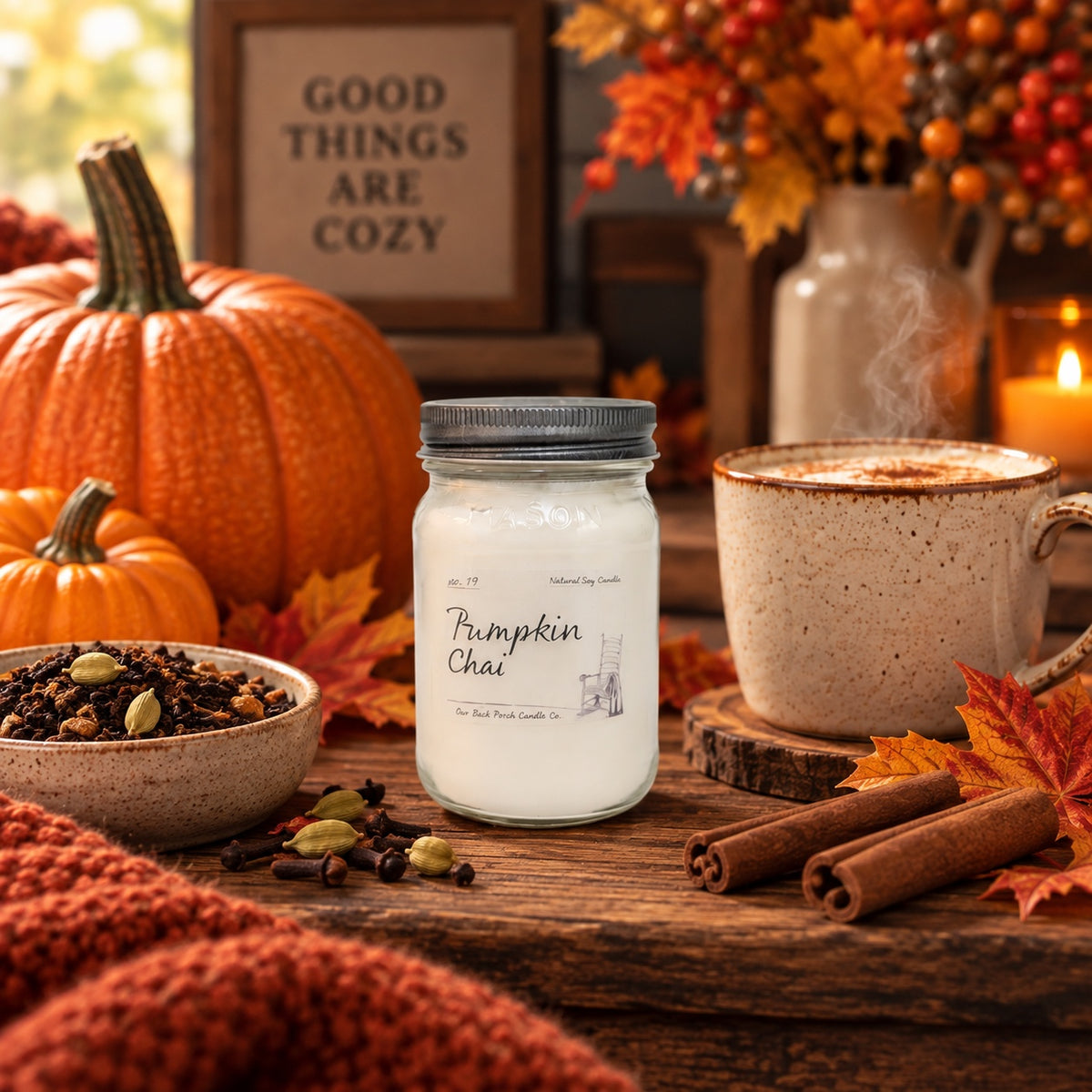 Back Porch Candle Co Pumpkin Chai 16 oz soy candle with pumpkins, chai spices, cinnamon sticks, and a steaming mug in a cozy autumn setting.
