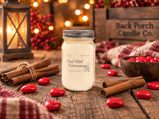 Back Porch Candle Co Red Hot Cinnamon 16 oz soy candle with cinnamon sticks and red cinnamon candies in a warm cozy setting.