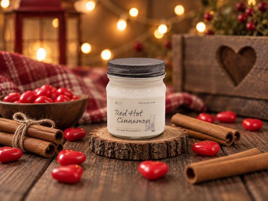 Back Porch Candle Co Red Hot Cinnamon 8 oz soy candle with cinnamon sticks and red cinnamon candies in a warm cozy setting.