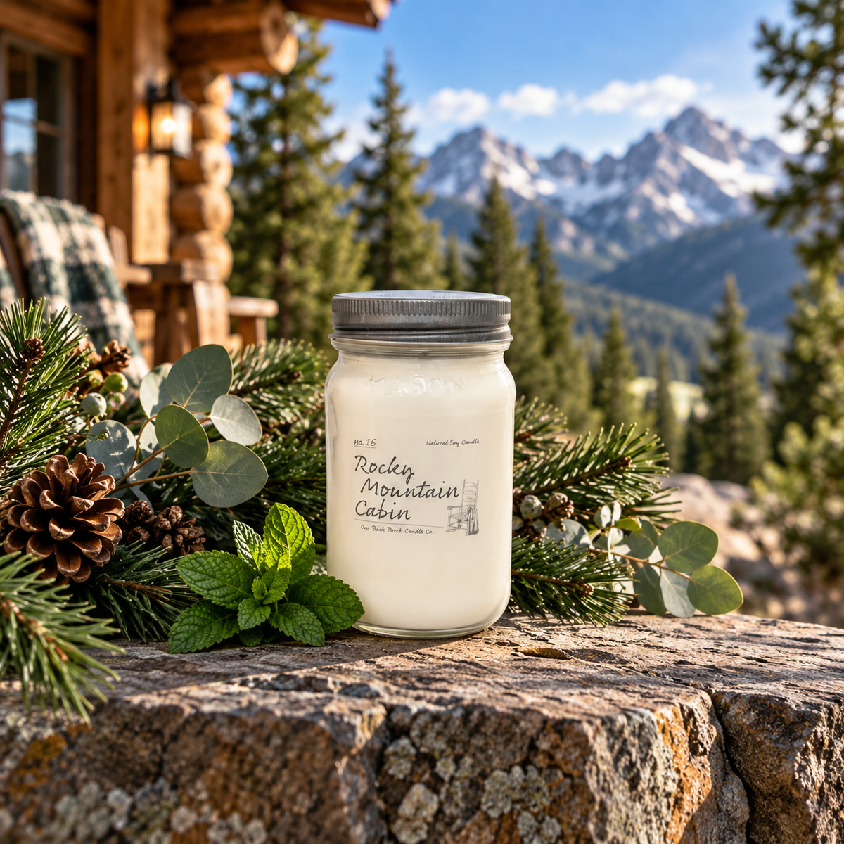 Back Porch Candle Co Rocky Mountain Cabin 16 oz soy candle with pine, eucalyptus, bayberry, mint, and a Rocky Mountain cabin backdrop.