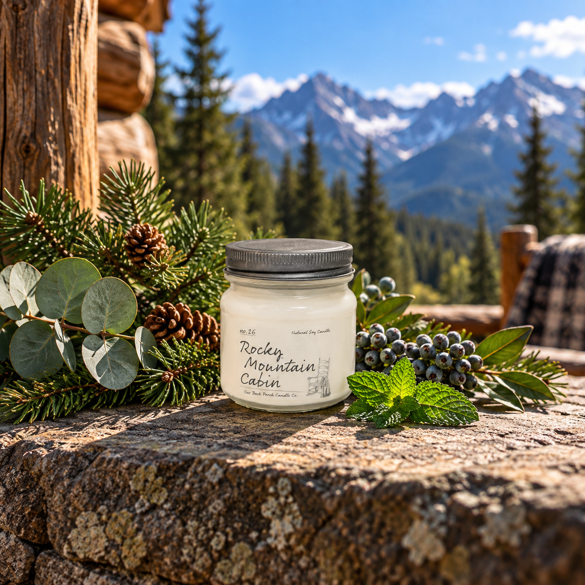 Back Porch Candle Co Rocky Mountain Cabin 8 oz soy candle with pine, eucalyptus, bayberry, mint, and Rocky Mountain scenery.