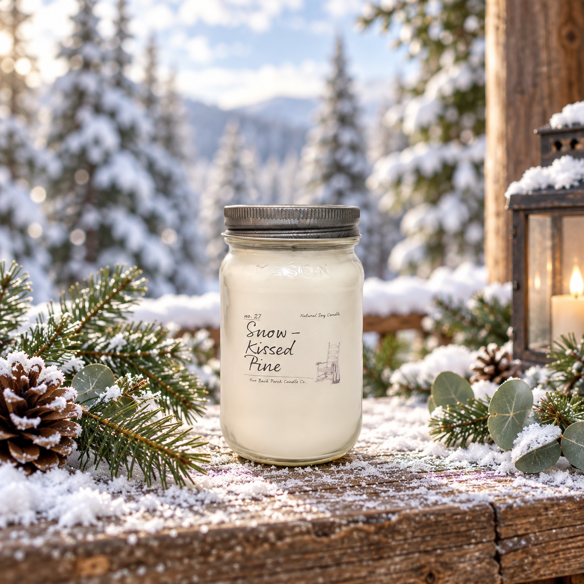 Back Porch Candle Co Snow-Kissed Pine 16 oz soy candle with snow-covered evergreens, pinecones, and a winter mountain setting.