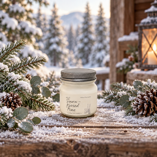 Back Porch Candle Co Snow-Kissed Pine 8 oz soy candle with snowy evergreens, pinecones, and a cozy winter porch setting.