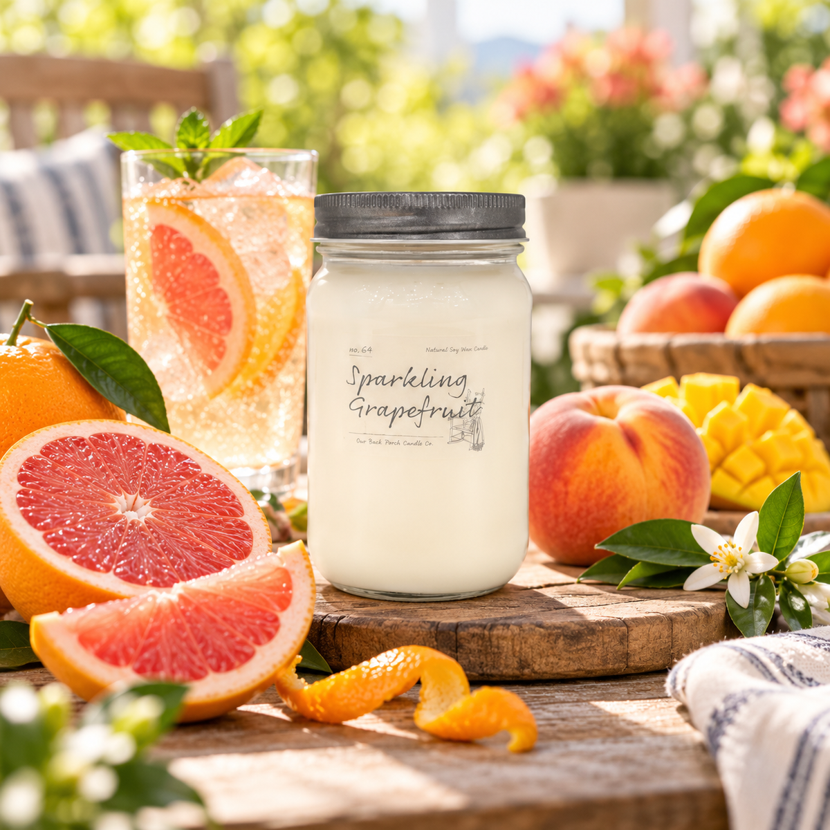 Back Porch Candle Co Sparkling Grapefruit 16 oz soy candle with grapefruit, mango, peach, orange peel, and a sparkling citrus drink in a bright summer setting.