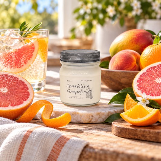 Back Porch Candle Co Sparkling Grapefruit 8 oz soy candle with grapefruit, mango, peach, orange peel, and a sparkling citrus drink in a bright summer setting.