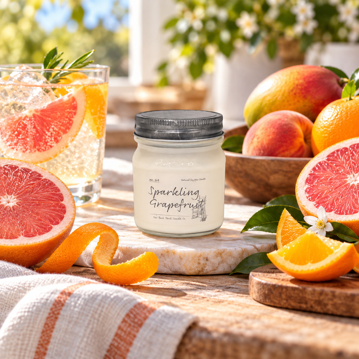 Back Porch Candle Co Sparkling Grapefruit 8 oz soy candle with grapefruit, mango, peach, orange peel, and a sparkling citrus drink in a bright summer setting.