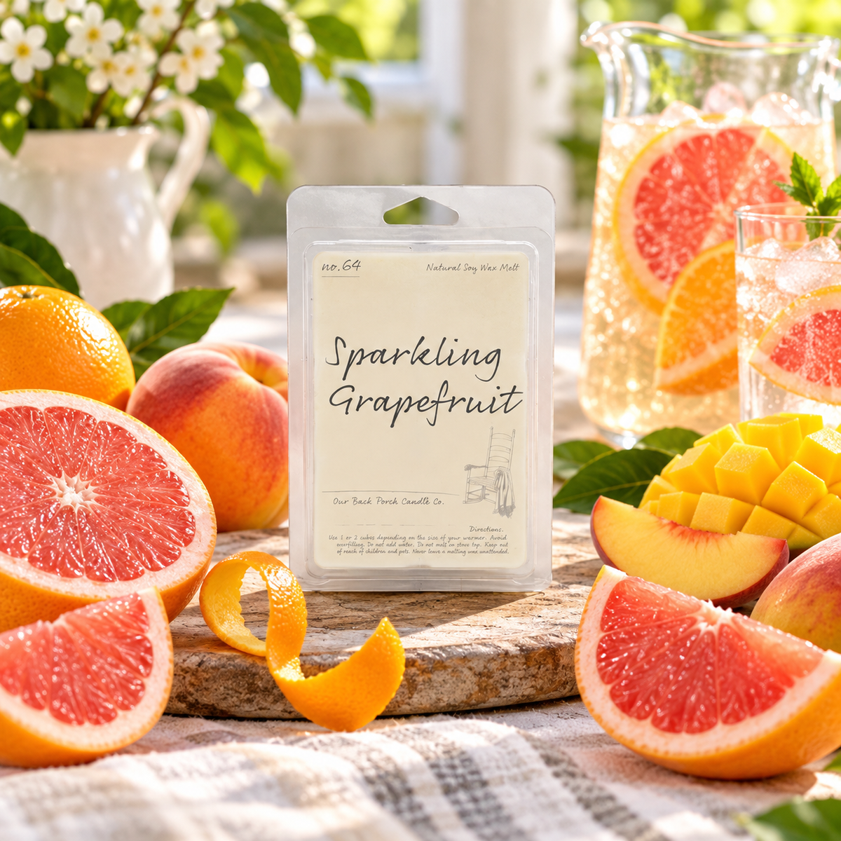 Back Porch Candle Co Sparkling Grapefruit 6 oz soy wax melt with grapefruit, mango, peach, orange peel, and sparkling citrus drinks in a bright summer setting.