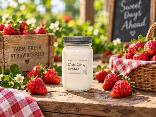 Back Porch Candle Co Strawberry Dreams 16 oz soy candle surrounded by fresh strawberries and strawberry blossoms in a bright farmhouse setting.