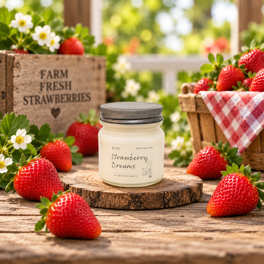Back Porch Candle Co Strawberry Dreams 8 oz soy candle surrounded by fresh strawberries and strawberry blossoms in a bright farmhouse setting.
