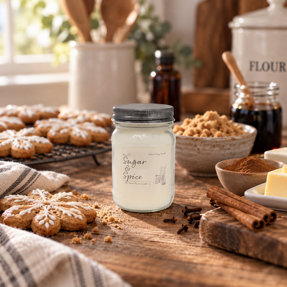 Back Porch Candle Co Sugar & Spice 16 oz soy candle styled with ginger, cinnamon, brown sugar, butter, molasses, vanilla, and clove in a cozy baking scene.