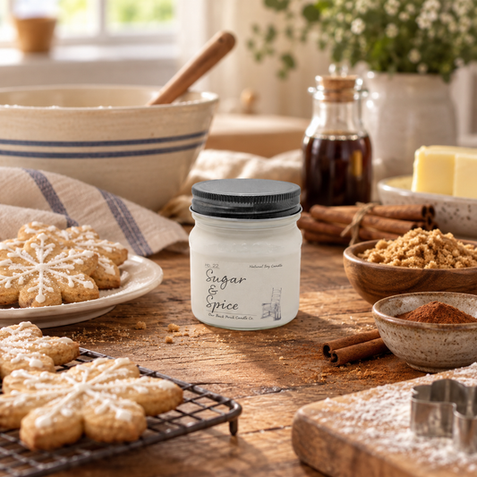 Back Porch Candle Co Sugar & Spice 8 oz soy candle styled with ginger, cinnamon, brown sugar, butter, molasses, vanilla, and clove in a cozy baking scene.