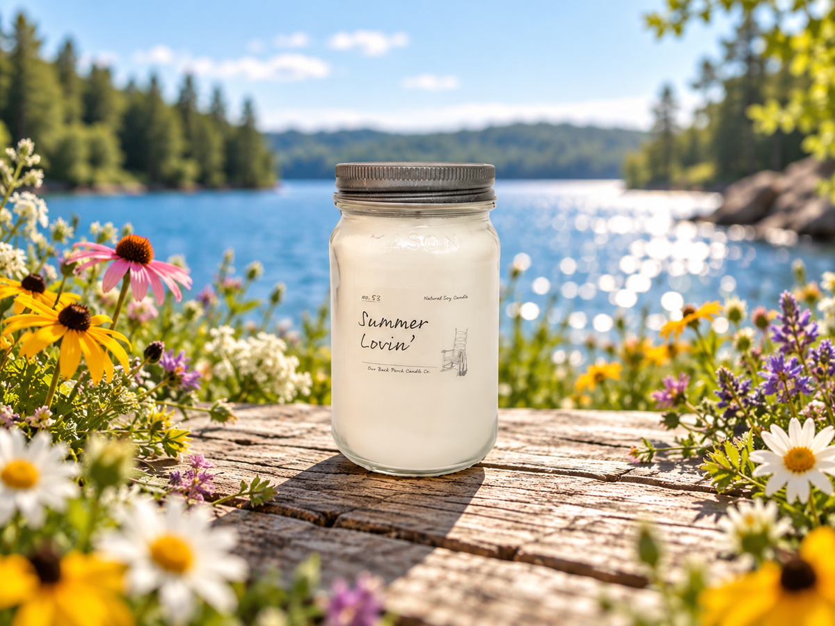Back Porch Candle Co Summer Lovin' 16 oz soy candle in a bright lakeside summer setting with wildflowers and warm golden light.