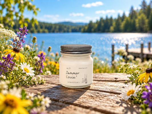Back Porch Candle Co Summer Lovin' 8 oz soy candle in a bright lakeside summer setting with wildflowers and warm golden light.