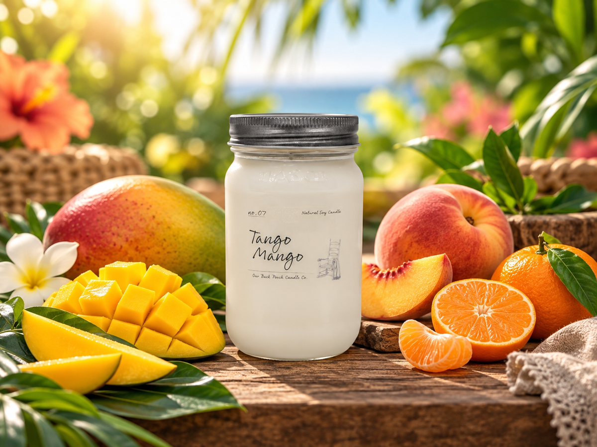 Back Porch Candle Co Tango Mango 16 oz soy candle with mango, tangerine, and peach in a bright tropical setting.