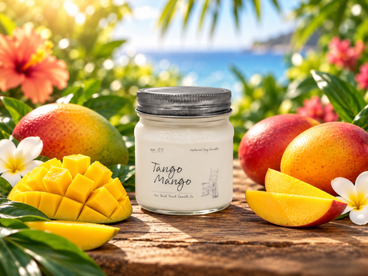 Back Porch Candle Co Tango Mango 8 oz soy candle with mango, tangerine, and peach in a bright tropical setting.