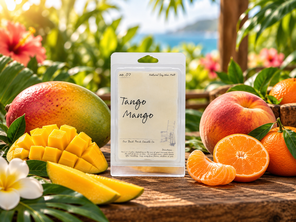 Back Porch Candle Co Tango Mango 6 oz soy wax melt with mango, tangerine, and peach in a bright tropical setting.