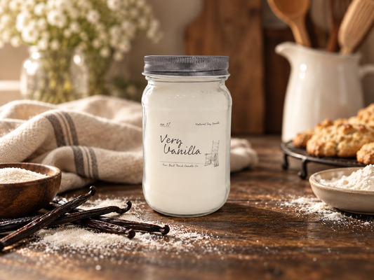 Back Porch Candle Co Very Vanilla 16 oz soy candle styled with vanilla beans, sugar, flour, buttercream, and baked treats in a warm farmhouse kitchen.