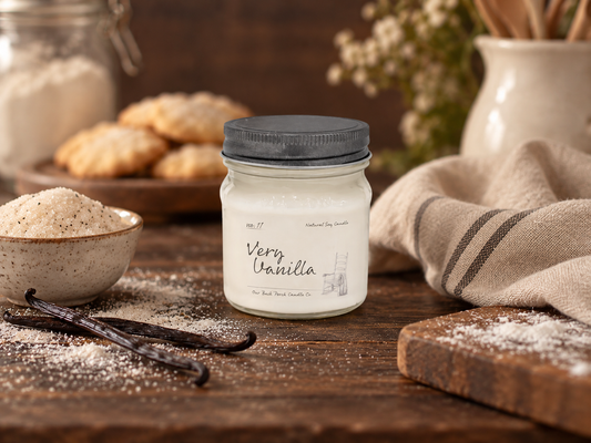 Back Porch Candle Co Very Vanilla 8 oz soy candle styled with vanilla beans, sugar, flour, buttercream, and baked treats in a warm farmhouse kitchen.