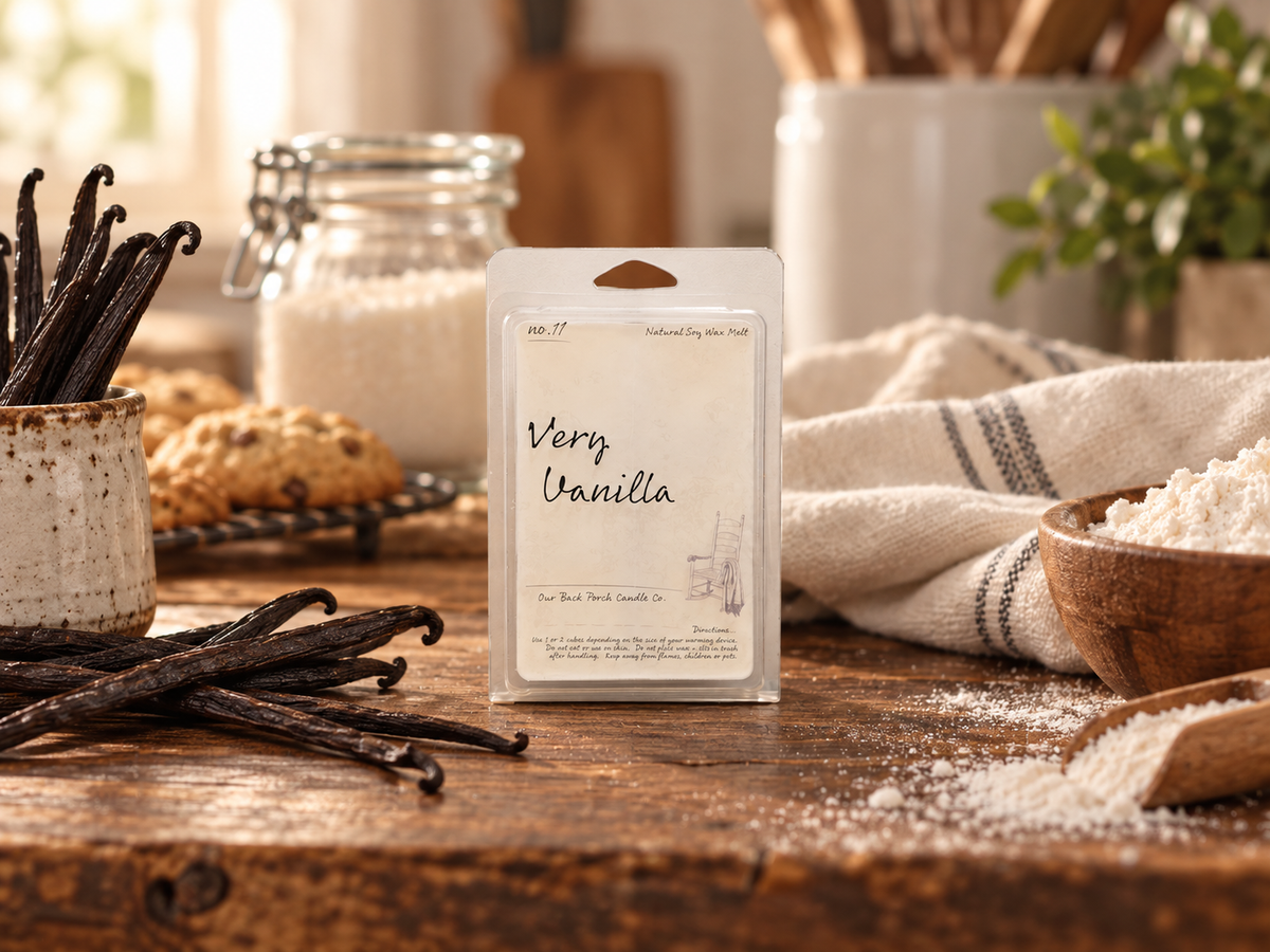 Back Porch Candle Co Very Vanilla 6 oz soy wax melt styled with vanilla beans, sugar, flour, and baked treats in a warm farmhouse kitchen.