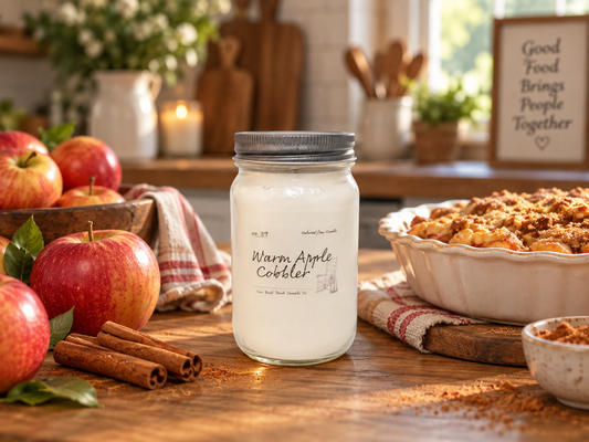 Back Porch Candle Co Warm Apple Cobbler 16 oz soy candle with baked apples, cinnamon, and warm spices in a cozy country kitchen.