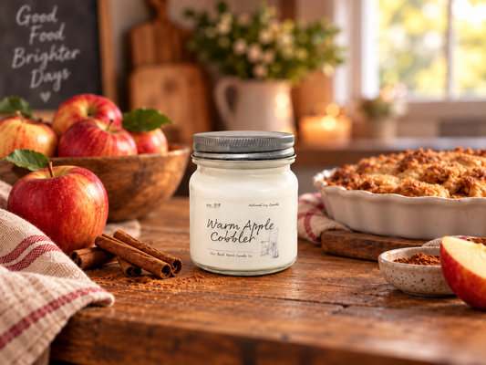 Back Porch Candle Co Warm Apple Cobbler 8 oz soy candle with baked apples, cinnamon, and warm spices in a cozy country kitchen.