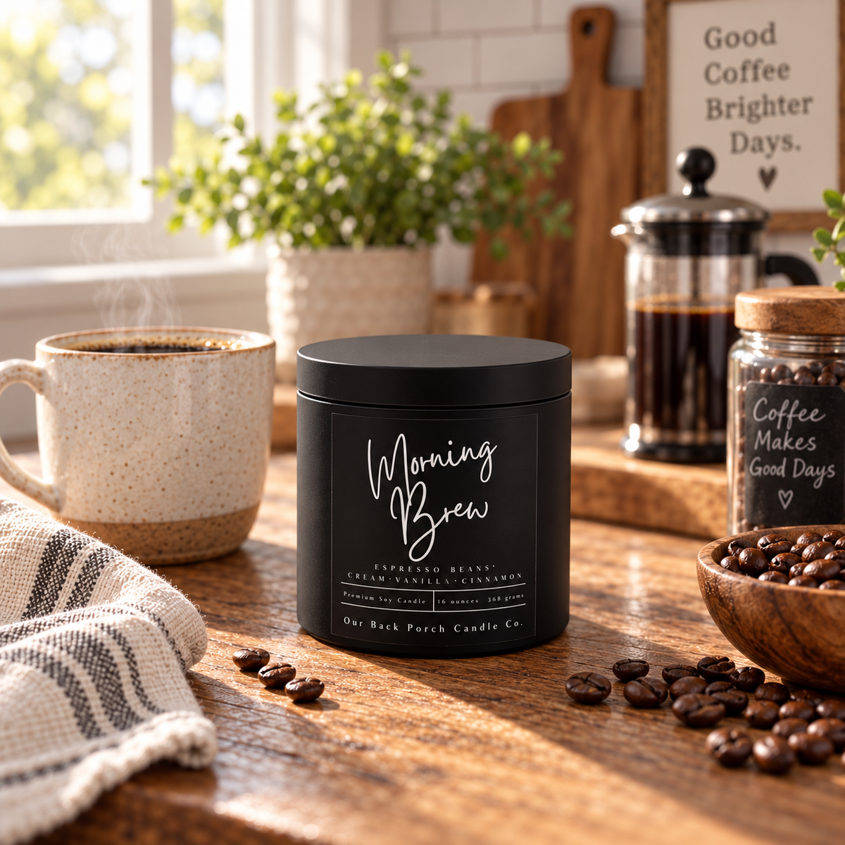 Morning Brew matte black 16oz soy candle by Back Porch Candle Co., the Black Tin option for But First, Coffee, with a coffee mug, French press, coffee beans and morning kitchen sunlight.