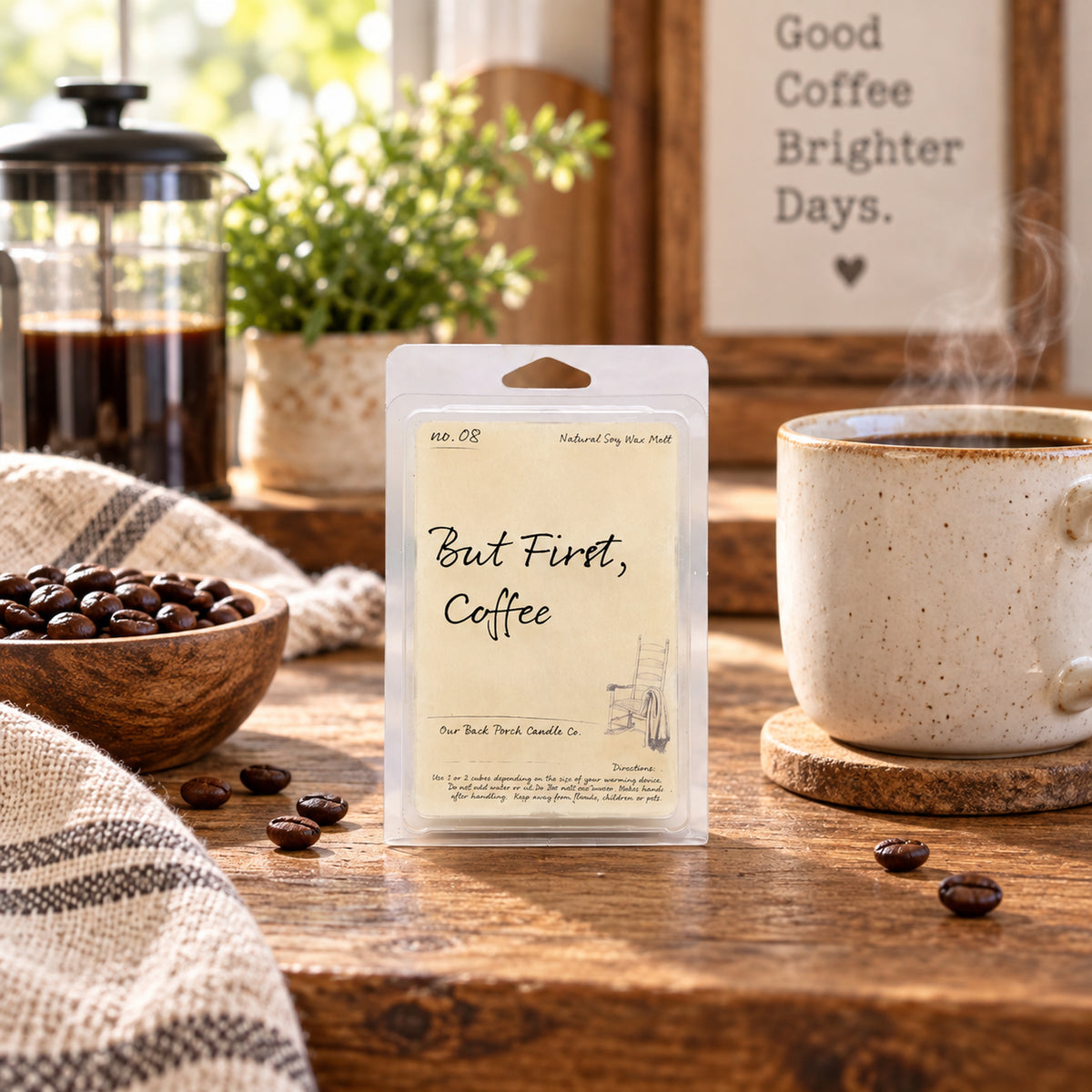 But First, Coffee soy wax melt by Back Porch Candle Co. styled with coffee beans, a mug, and morning light.