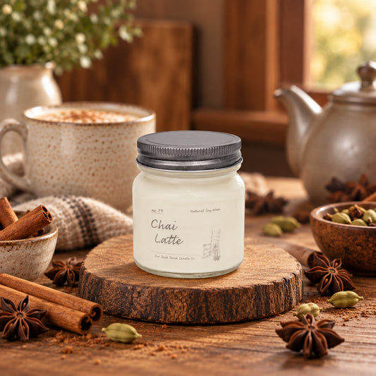 Chai Latte 8 oz soy candle by Back Porch Candle Co. in a cozy spiced chai setting.