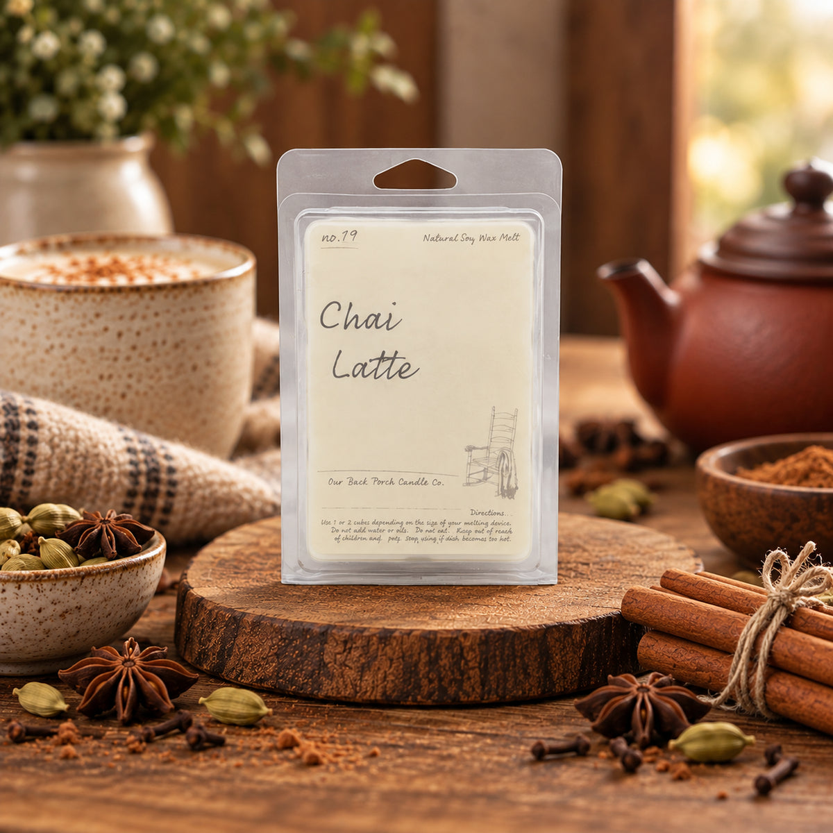 Chai Latte soy wax melt by Back Porch Candle Co. styled with warm chai spices.