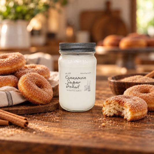 Cinnamon Sugar Donut 16 oz soy candle by Back Porch Candle Co. styled with warm cinnamon-sugar donuts.