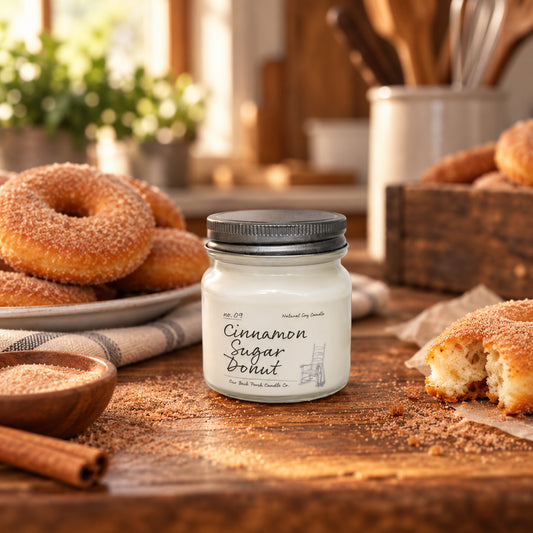Cinnamon Sugar Donut 8 oz soy candle by Back Porch Candle Co. in a warm bakery-inspired setting.